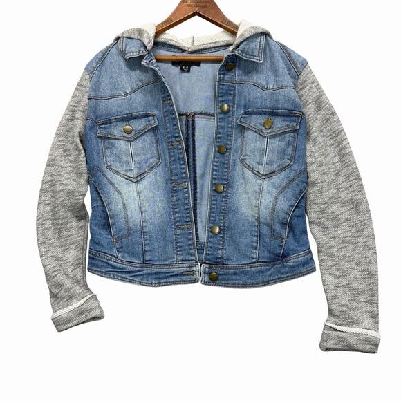 Tinseltown Denim Hoodie Jacket Sz S Blue Jean Gray Knit Sleeves Streetwear Layer - Picture 1 of 13